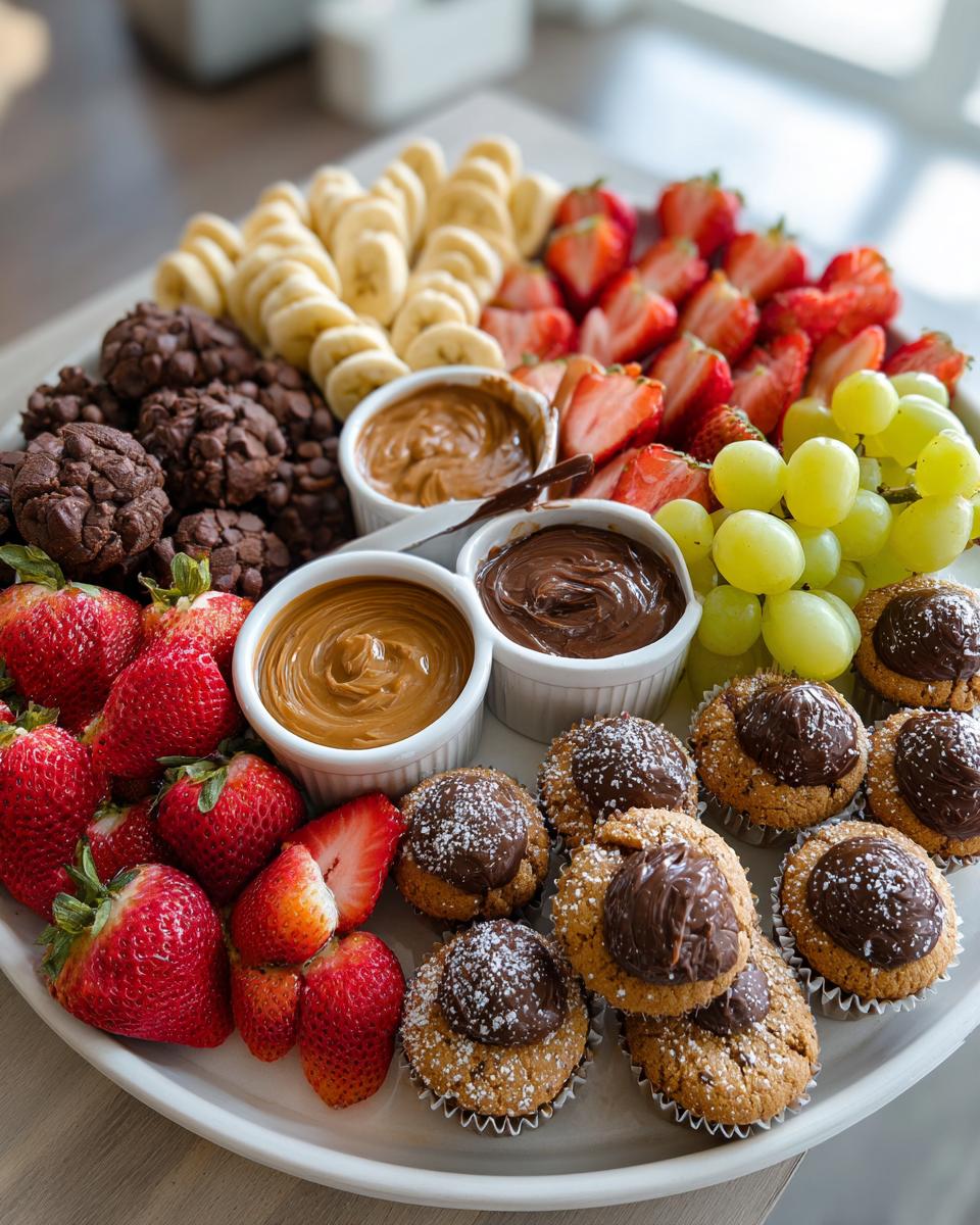 Simple dessert platter ideas featuring strawberries, grapes, banana slices, cookies, and chocolate dips.