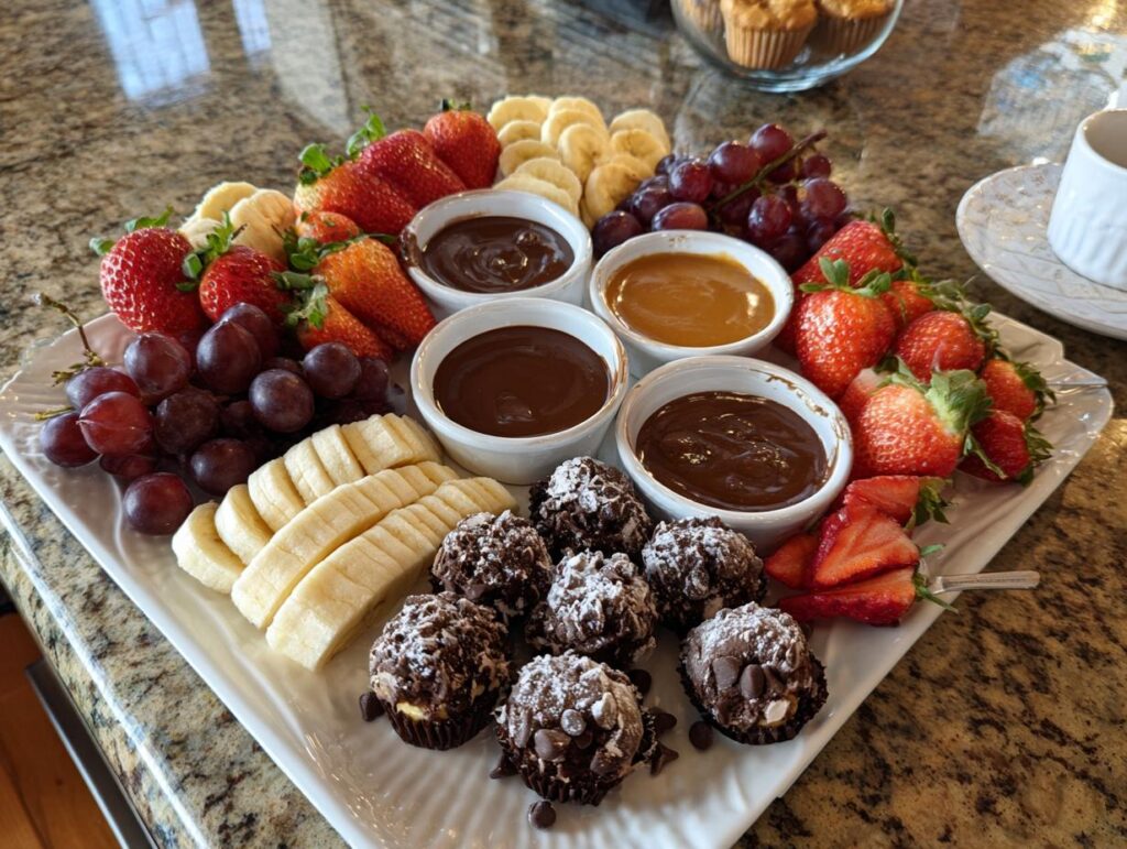 Simple dessert platter ideas featuring strawberries, bananas, grapes, mini chocolate muffins, and dipping sauces.