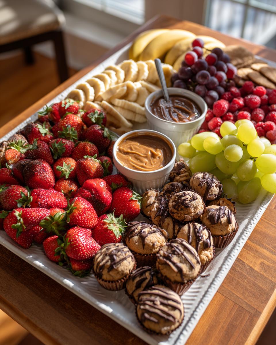 Simple dessert platter ideas featuring strawberries, bananas, grapes, raspberries, muffins, and dipping sauces.