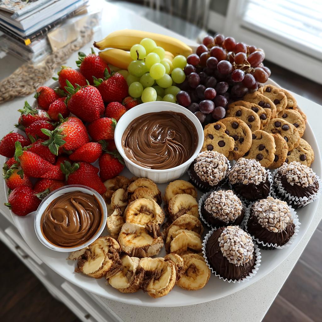 Simple dessert platter ideas featuring strawberries, grapes, bananas, cookies, chocolate dips, and chocolate treats.