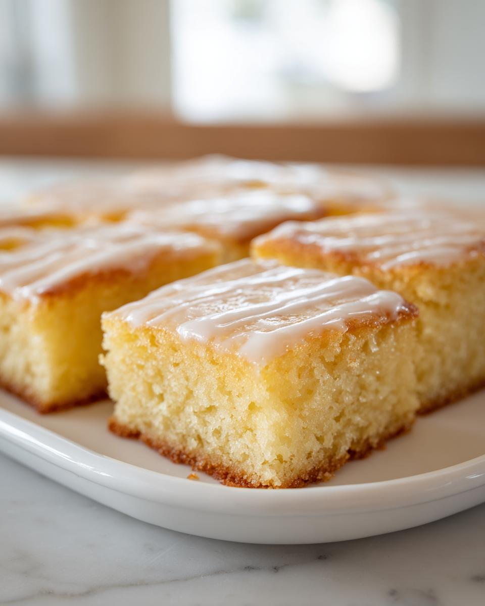 Close-up of moist simple dessert squares topped with white icing on a white plate.
