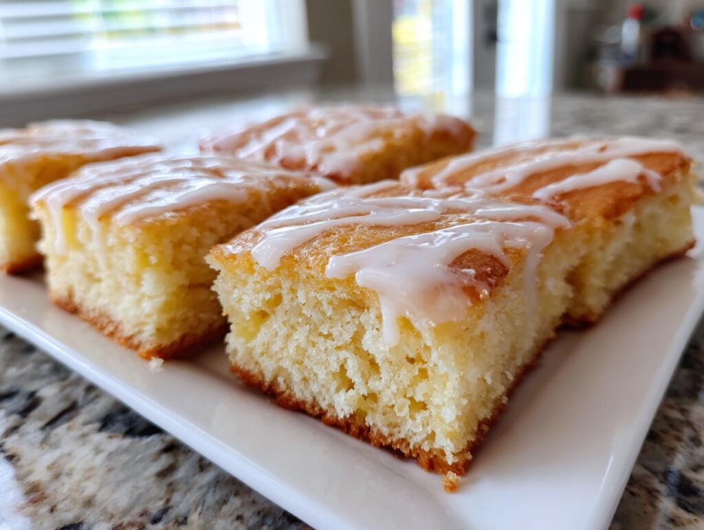Close-up of simple dessert squares topped with white icing on a white plate