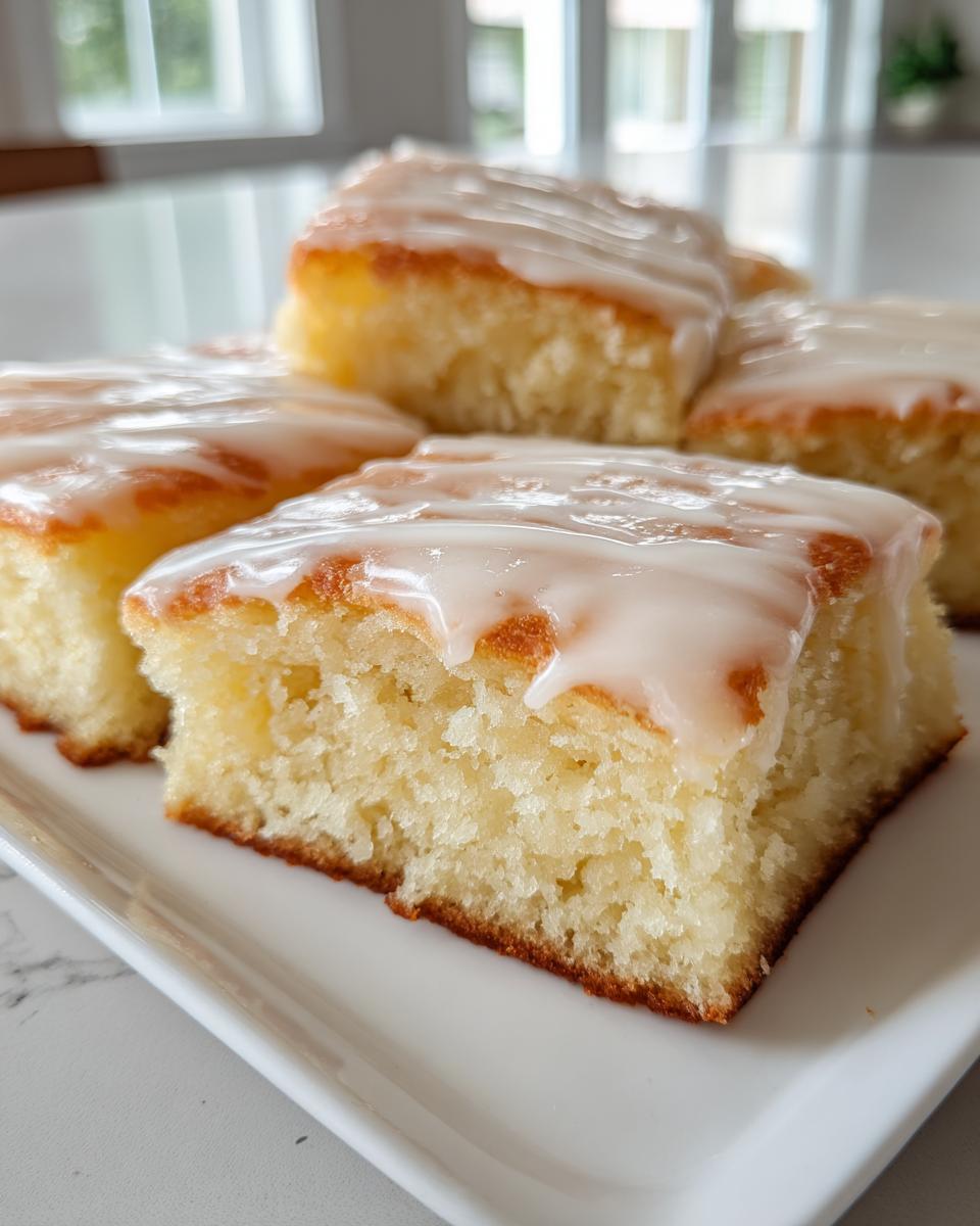 Close-up of moist simple dessert squares topped with white icing on a white plate.
