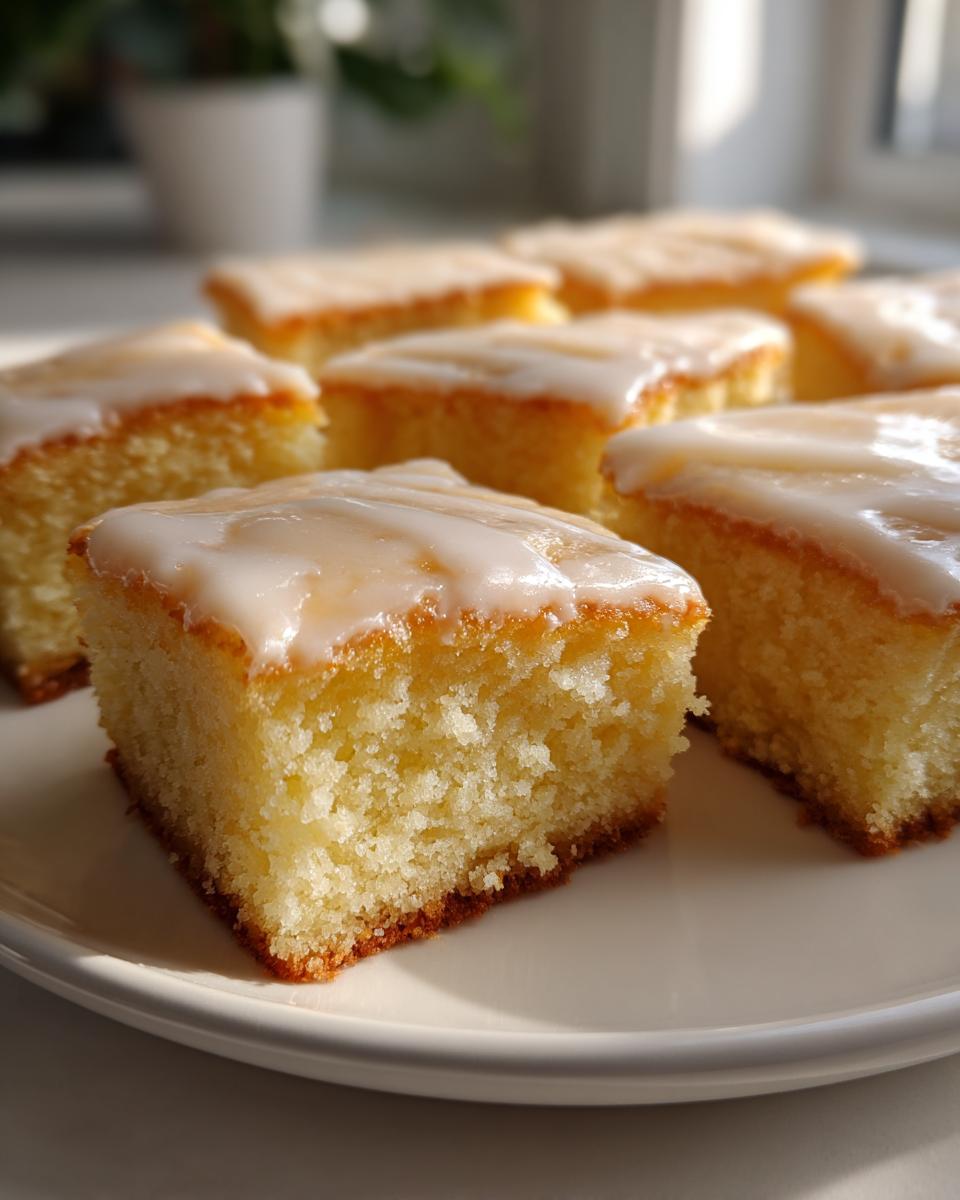 Close-up of moist simple dessert squares topped with smooth white icing on a white plate.
