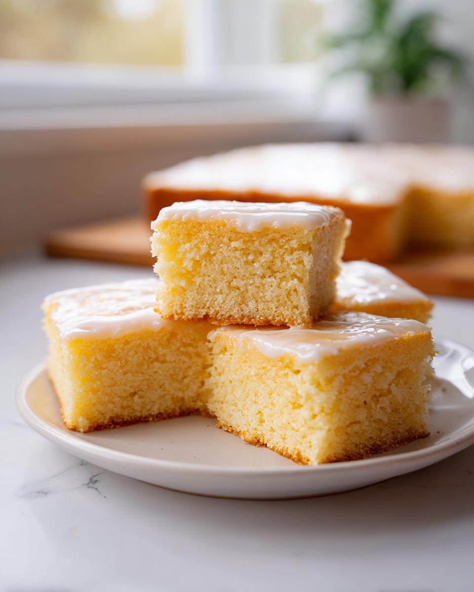 Close-up of simple dessert squares topped with white icing on a white plate.