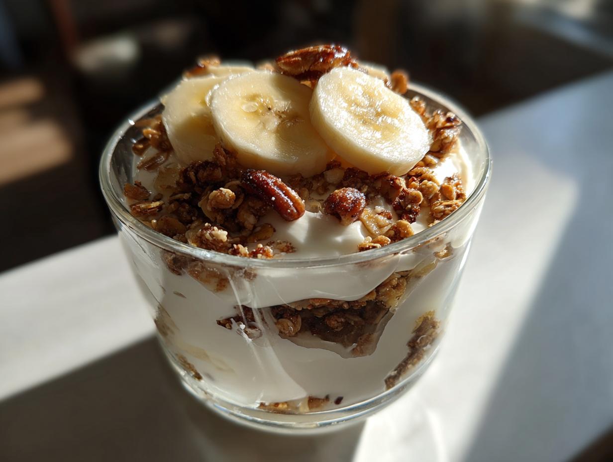 Glass cup filled with simple fruit dessert topped with banana slices and granola