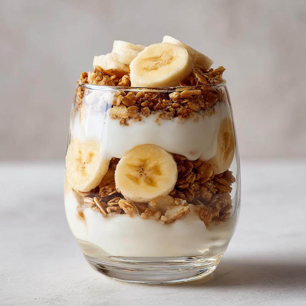 Glass of simple fruit desserts with layered banana slices, granola, and yogurt.