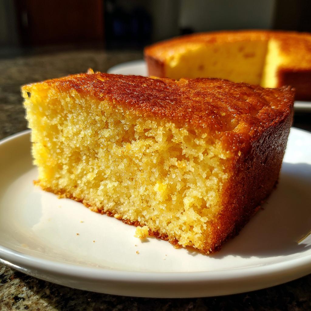 Close-up of a moist slice of simple homemade dessert cake on a white plate.