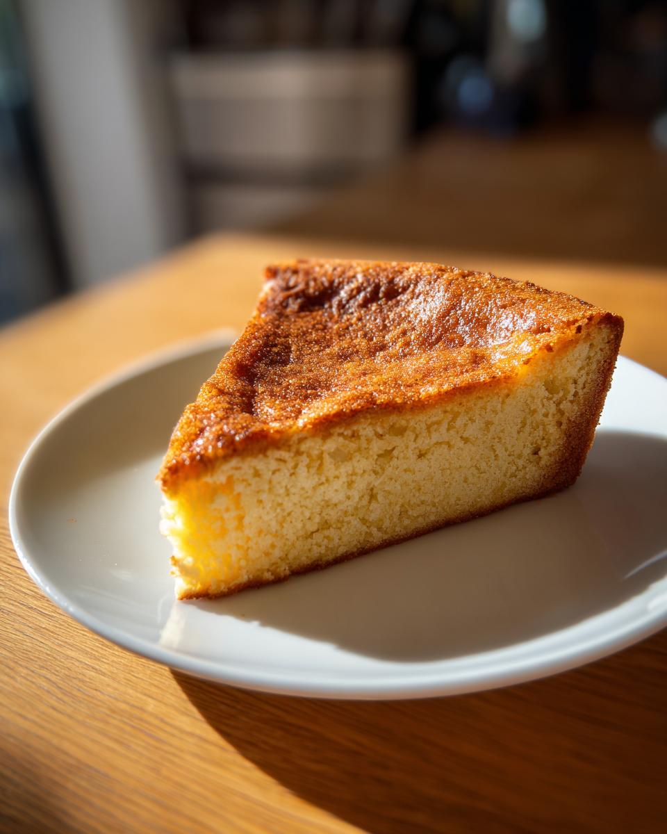 Close-up of a slice of simple homemade dessert cake with a golden crust on a white plate.