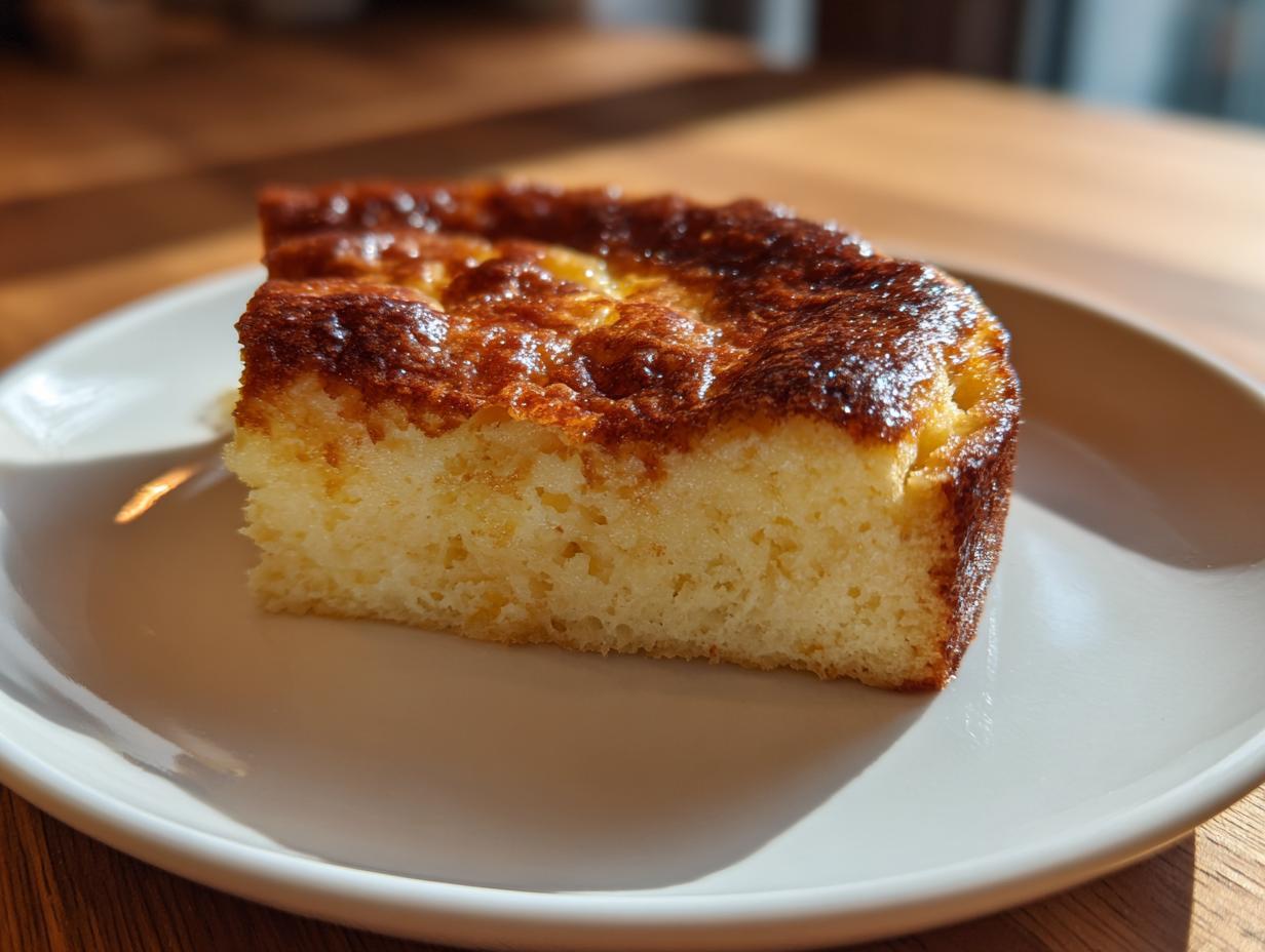Close-up of a golden-brown slice of simple homemade dessert cake on a white plate.