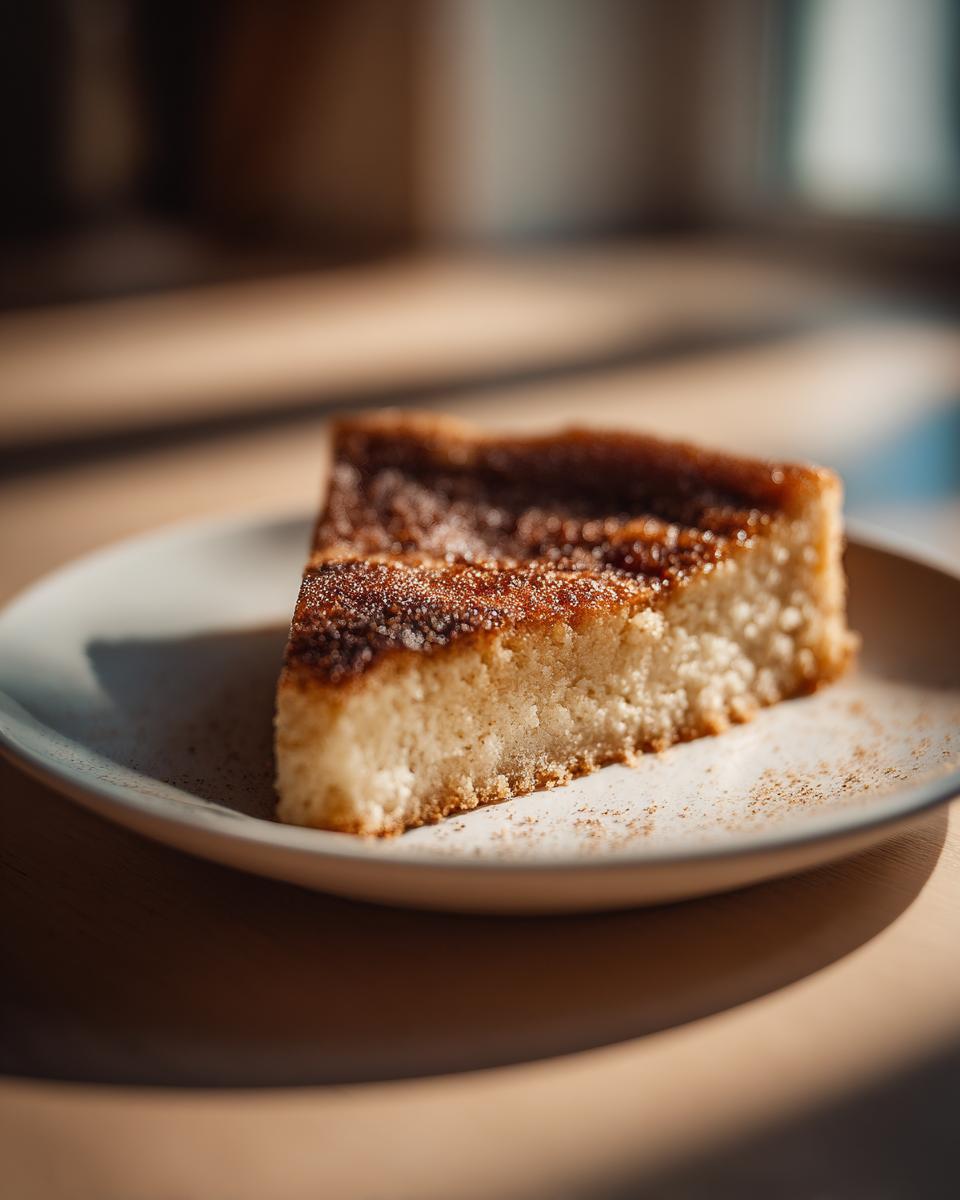 Close-up of a slice of simple homemade dessert with a golden brown crust on a white plate.
