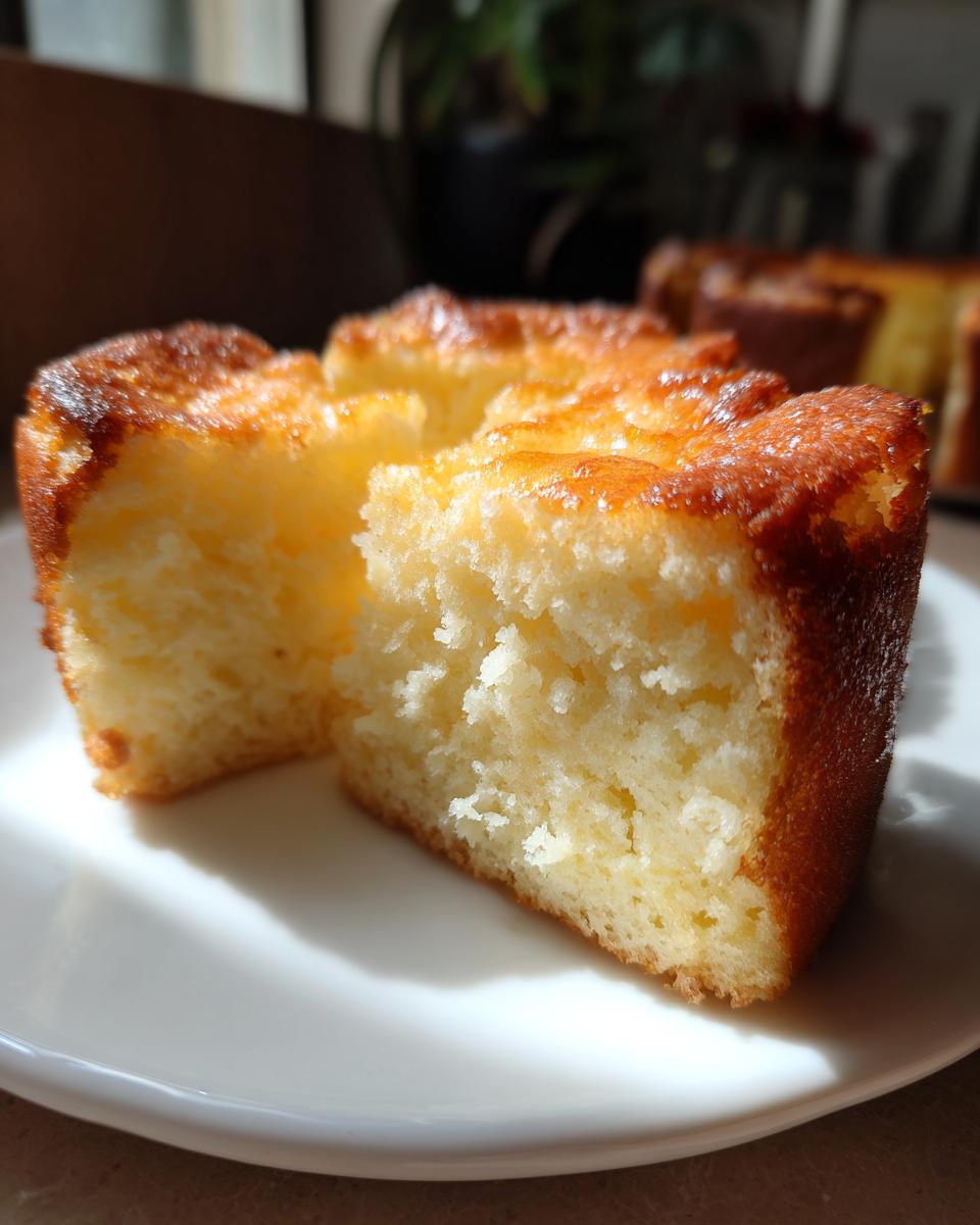 Close-up of a moist simple homemade dessert slice with golden crust on a white plate.