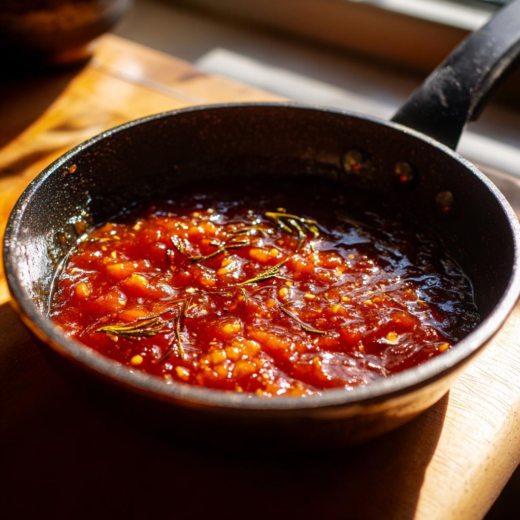 Close-up of simple homemade sauce recipes with tomato sauce and herbs in a black pan.