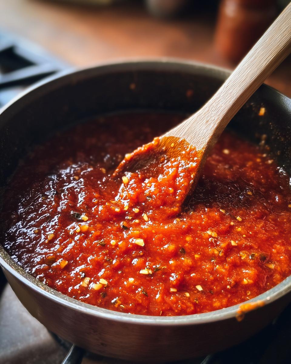 Close-up of simple homemade sauce recipes tomato sauce being stirred in a pan with a wooden spoon