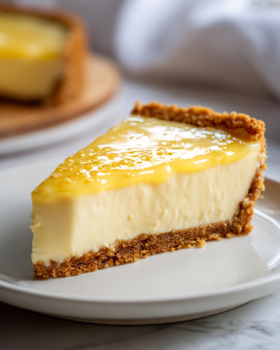 Close-up of a slice of lemon pie with creamy filling and graham cracker crust on a white plate.