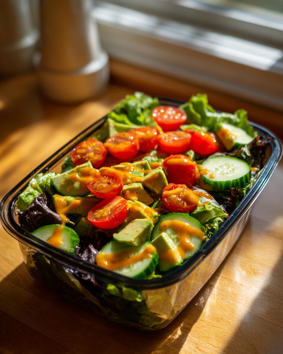 Simple lunch meal prep salad with lettuce, cherry tomatoes, cucumber, avocado, and dressing in a container.