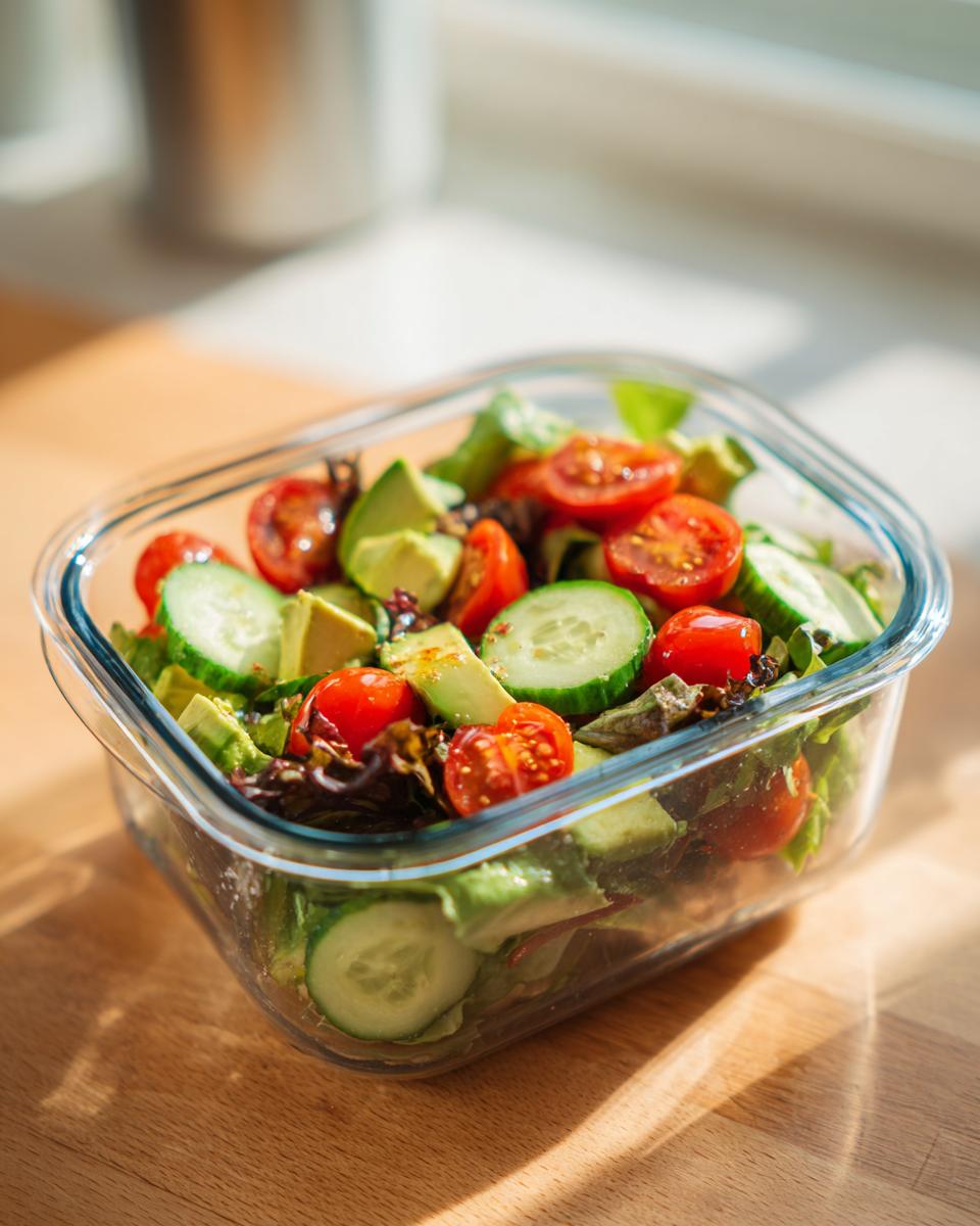 Glass container with simple lunch meal prep salad including cucumbers, cherry tomatoes, avocado, and lettuce.