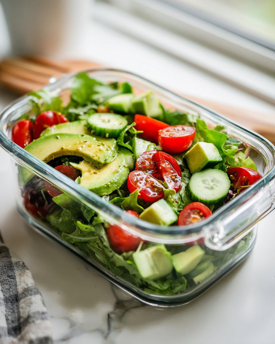 Glass container with simple lunch meal prep salad of avocado, cherry tomatoes, cucumber, and greens.
