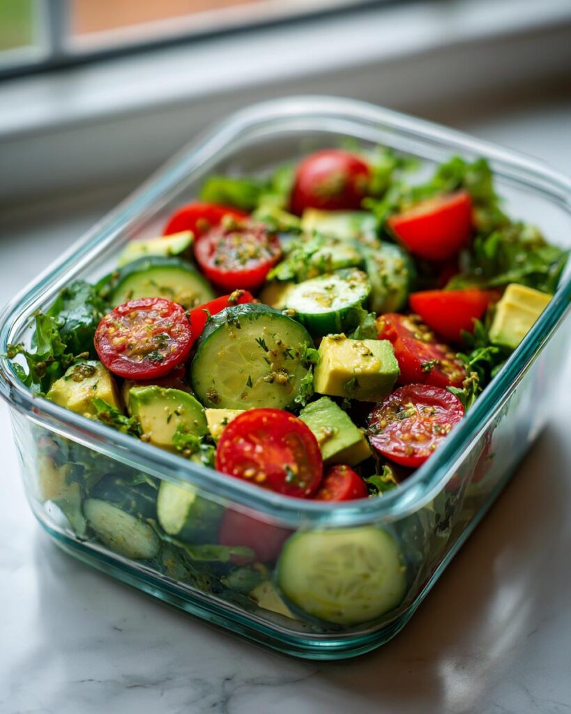 Glass container filled with simple lunch meal prep salad with cucumbers, cherry tomatoes, avocado, and greens.