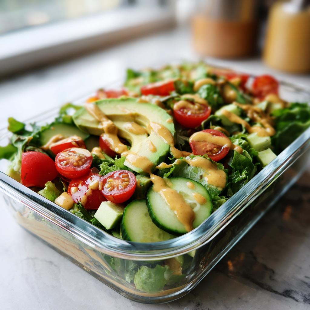 Simple lunch meal prep salad with avocado, cherry tomatoes, cucumber, and dressing in glass container