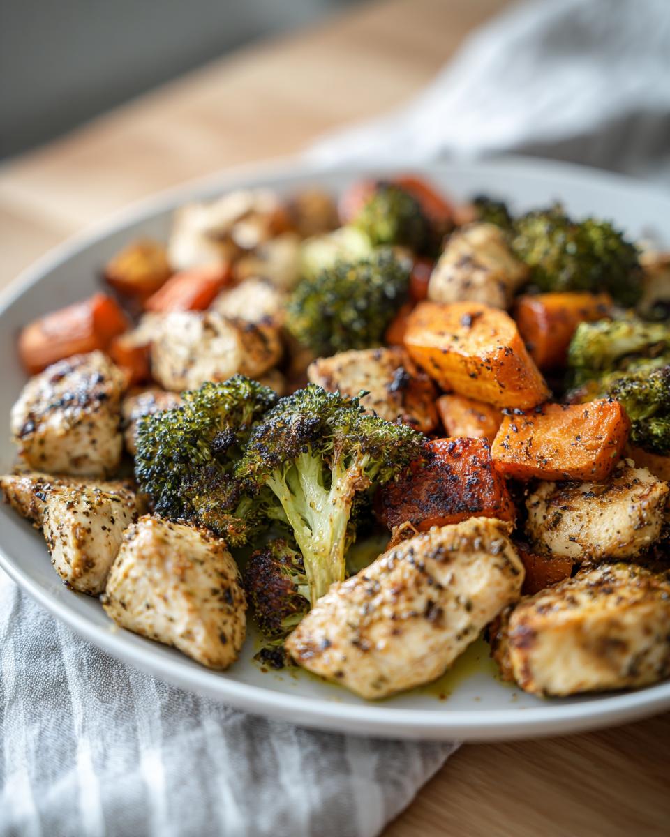 Plate of roasted chicken, broccoli, and sweet potatoes for simple meal prep recipes