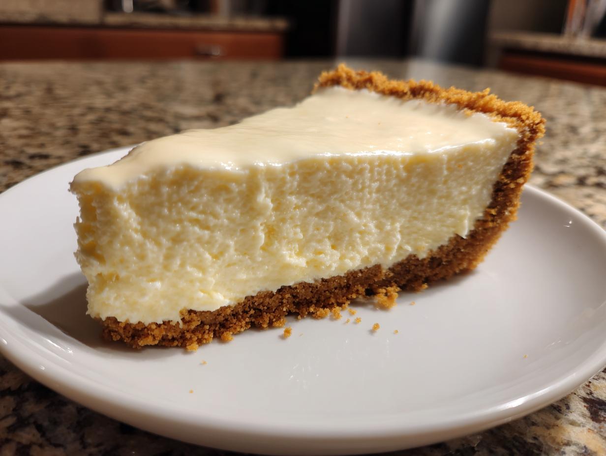 Close-up of a slice of simple no bake cheesecake with creamy filling and graham cracker crust on white plate.