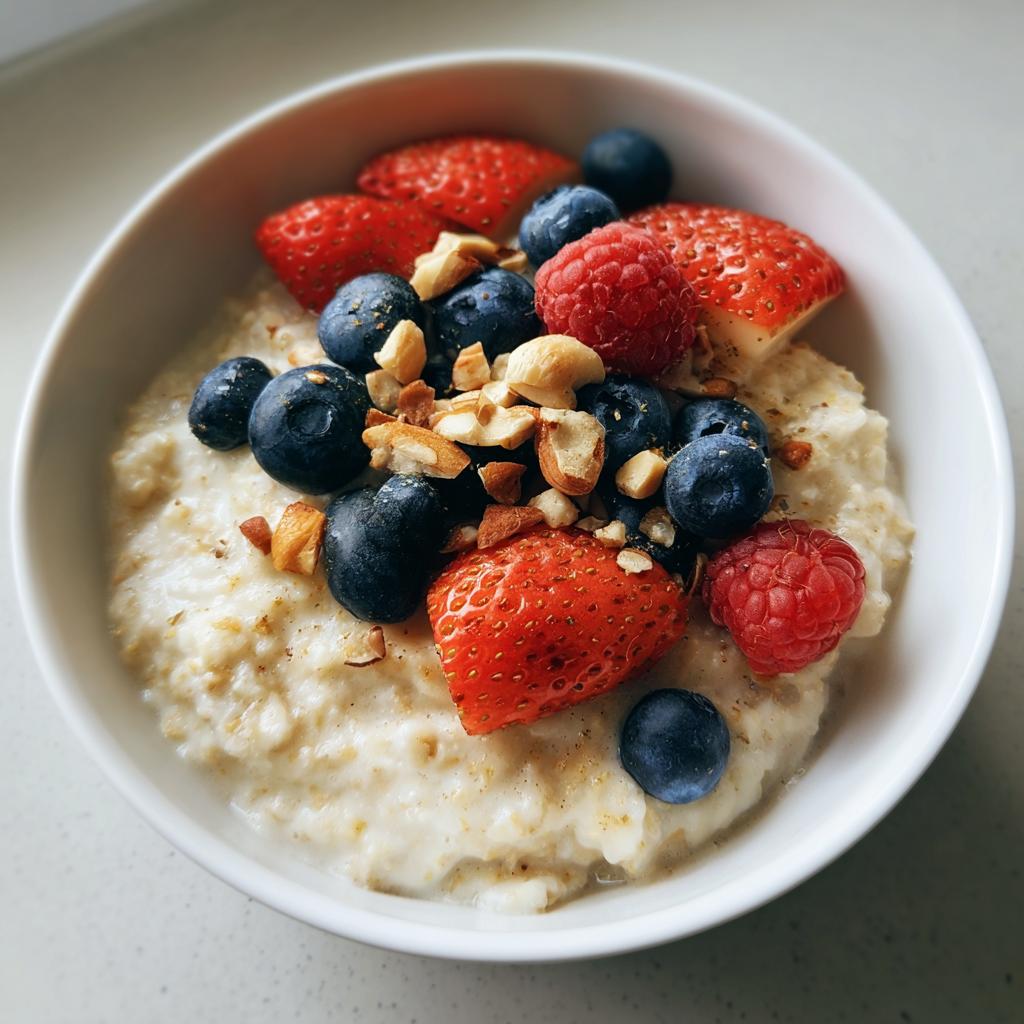 Bowl of oatmeal topped with strawberries, blueberries, raspberries, and chopped nuts