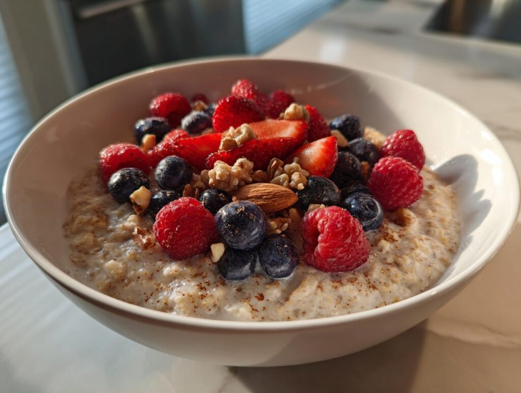 Bowl of oatmeal topped with fresh strawberries, blueberries, raspberries, walnuts, and almonds.