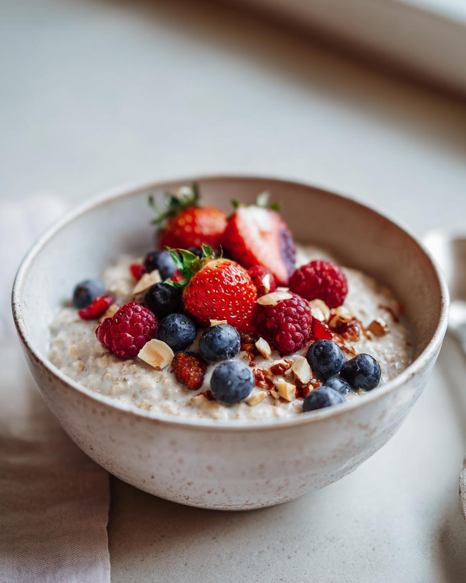 Bowl of simple oatmeal breakfast topped with strawberries, blueberries, raspberries, and chopped nuts.