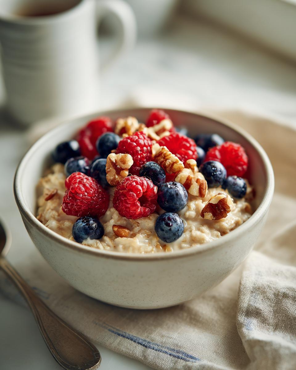 Bowl of simple oatmeal breakfast topped with fresh raspberries, blueberries, and walnuts.
