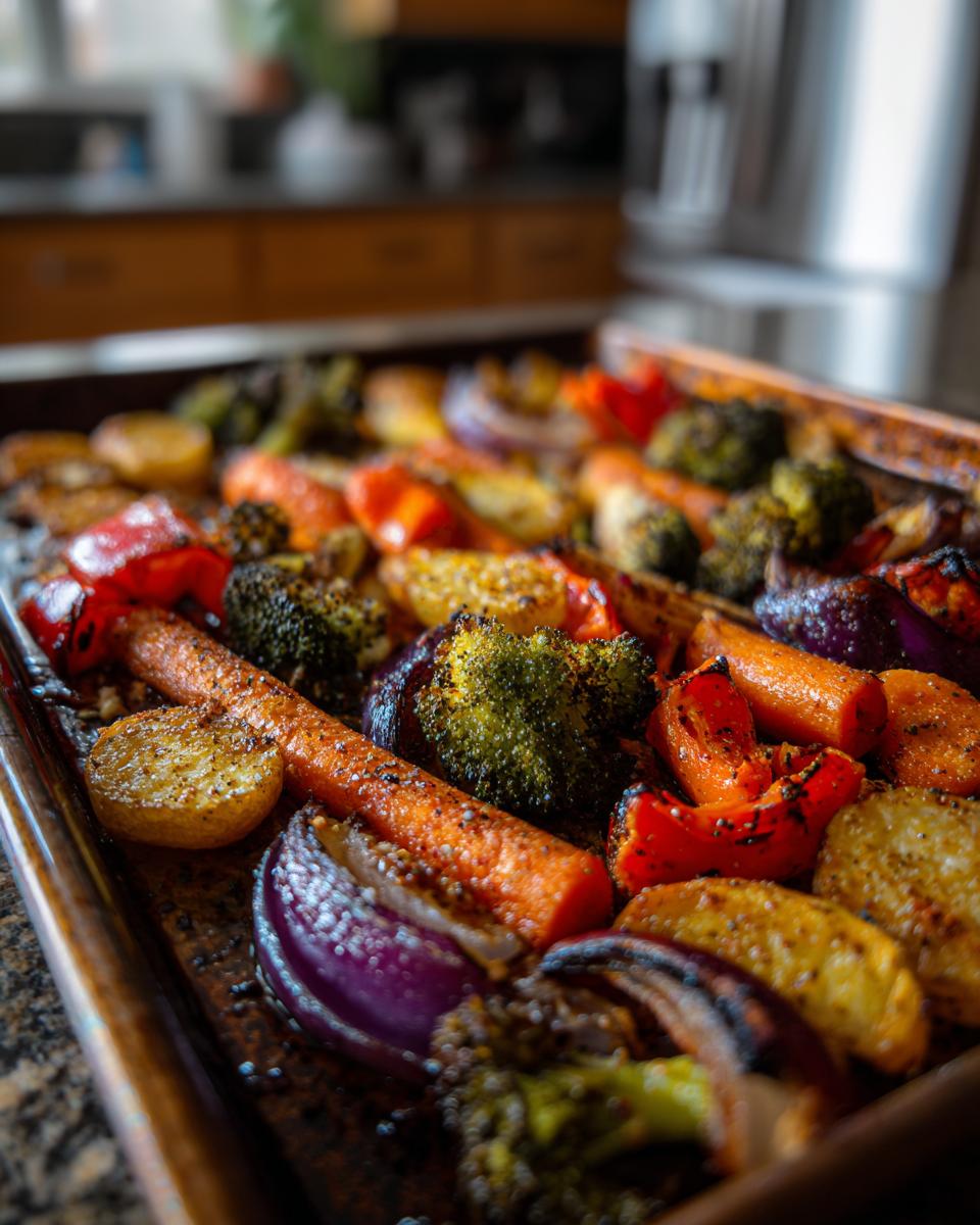 Tray of simple oven roasted vegetables including carrots, broccoli, red onion, and potatoes.