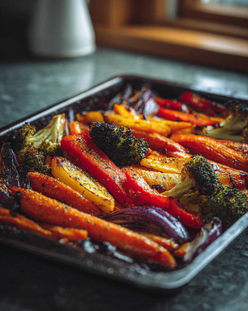 Tray filled with colorful simple oven roasted vegetables including carrots, broccoli, and peppers.