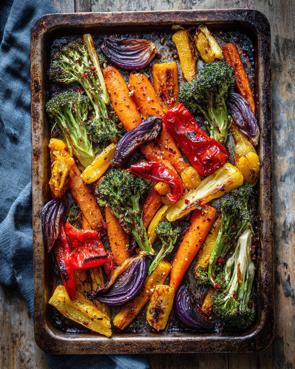 Tray of simple oven roasted vegetables including carrots, broccoli, red onion, and bell peppers.
