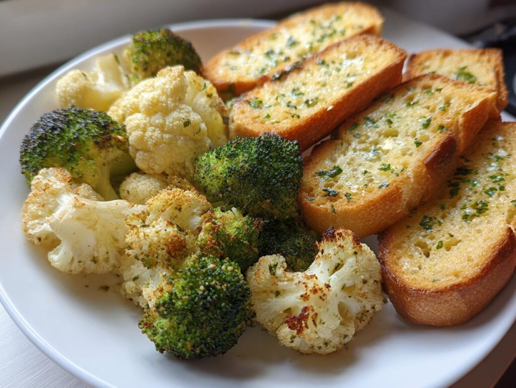 Plate of simple party side dishes with roasted broccoli, cauliflower, and garlic bread slices.