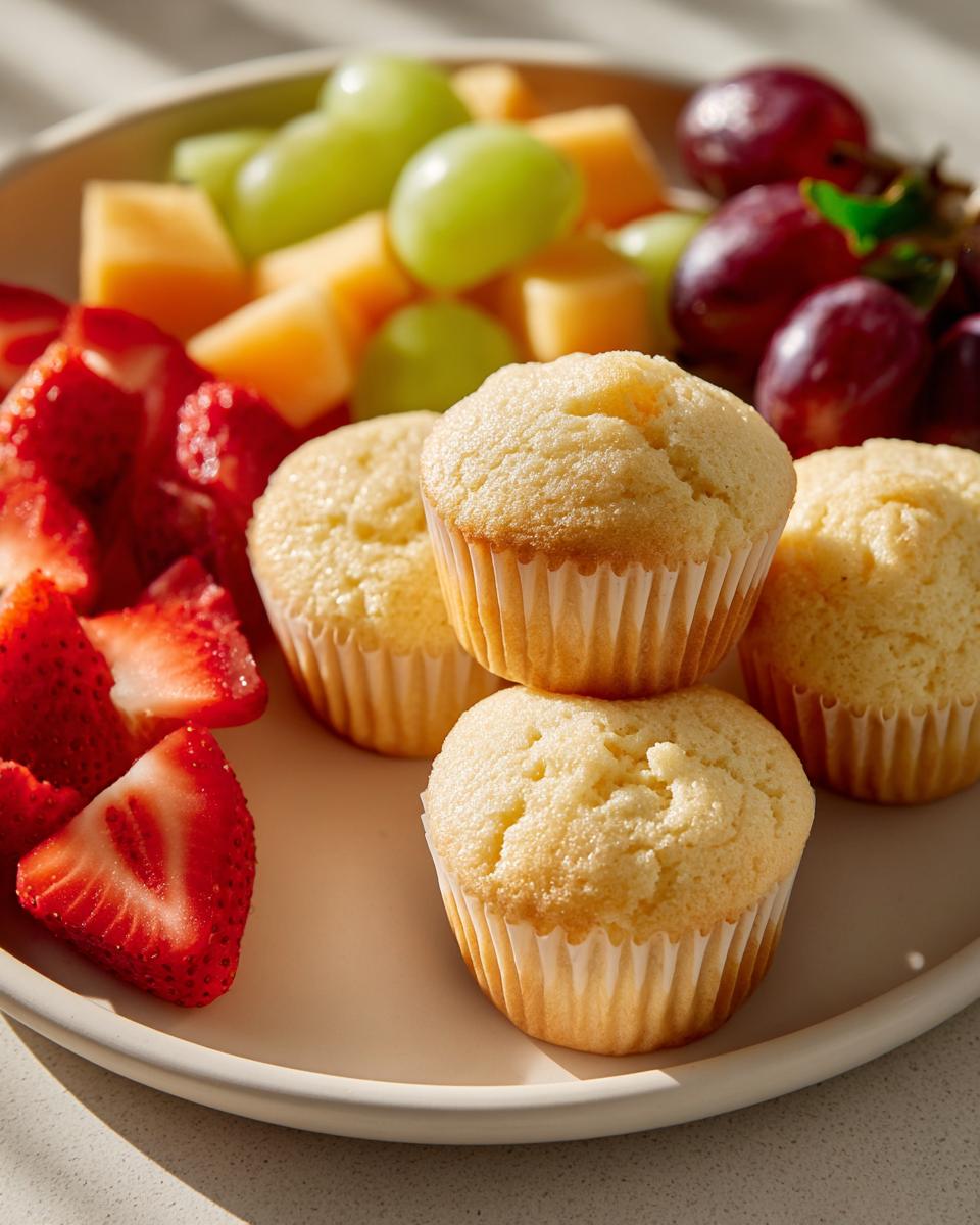 Plate with muffins, sliced strawberries, green grapes, cantaloupe, and red grapes as simple sweet buffet ideas