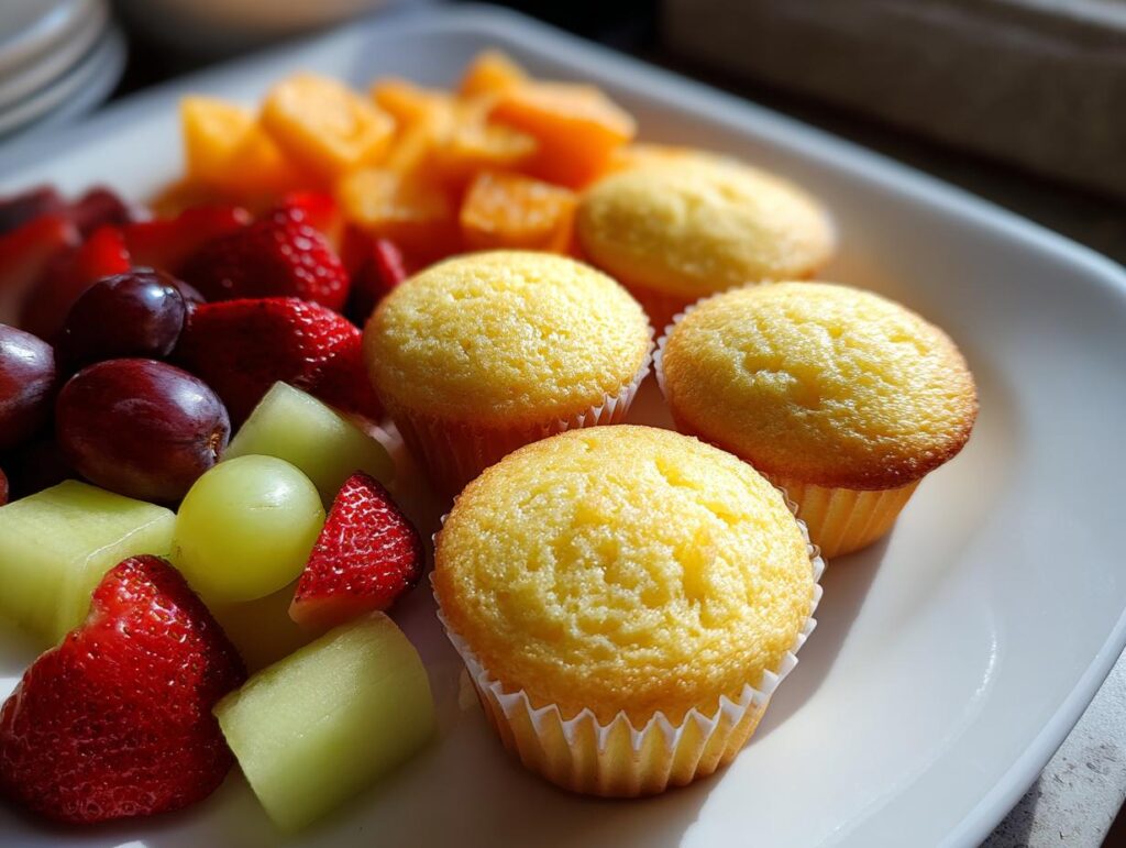 Plate with yellow muffins and fresh fruit including strawberries, grapes, cantaloupe, and honeydew melon.