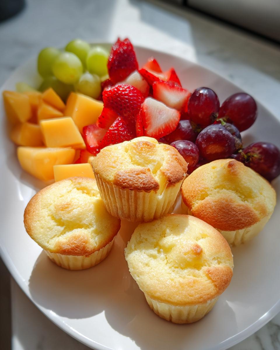 Plate with muffins surrounded by fresh strawberries, grapes, cantaloupe, and green grapes for simple sweet buffet ideas