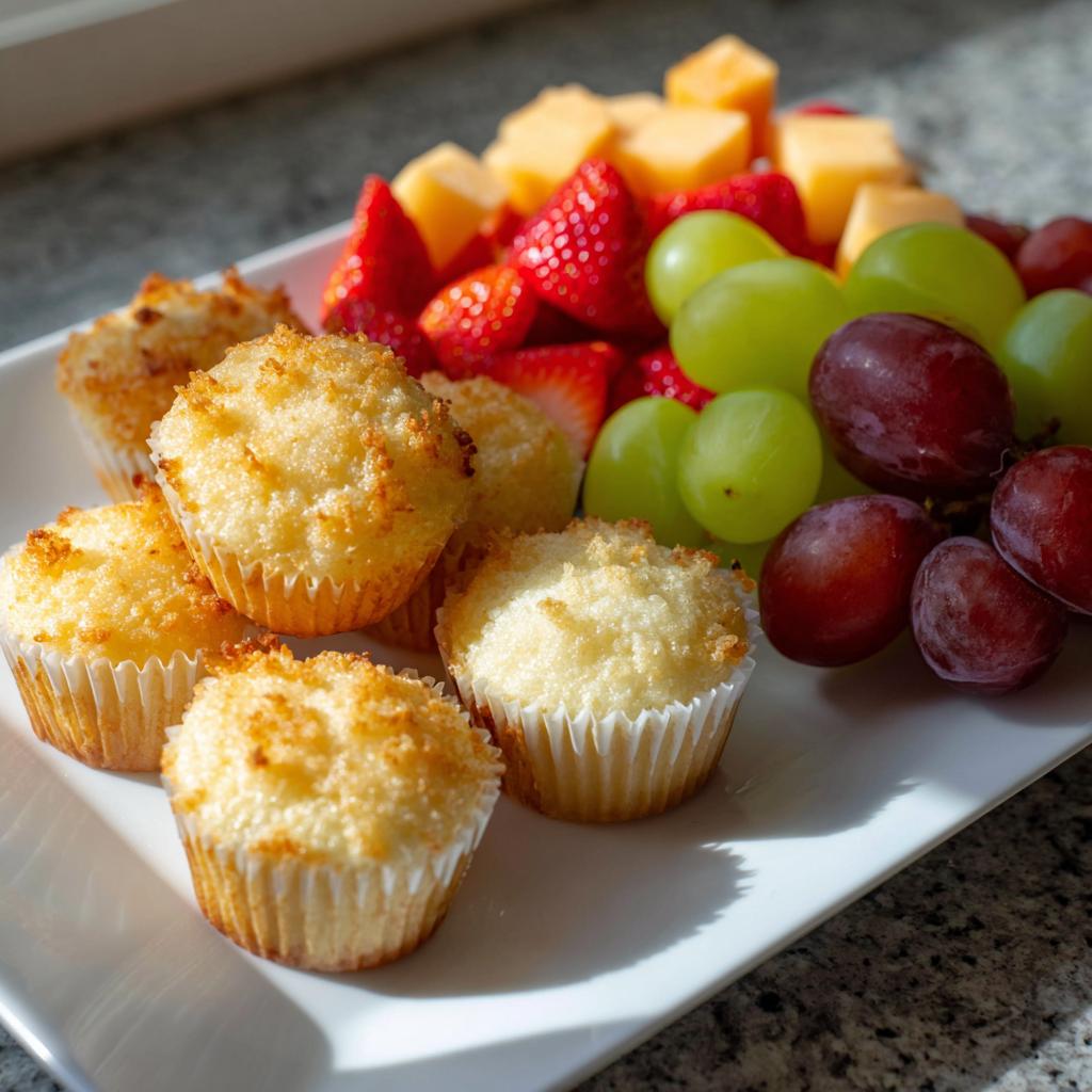Plate of mini muffins with strawberries, green grapes, red grapes, and cantaloupe cubes for simple sweet buffet ideas