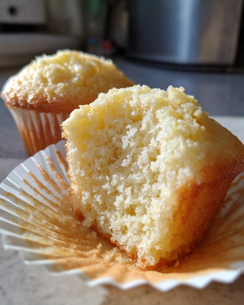Close-up of two simple vanilla cupcakes with one partially unwrapped and bitten