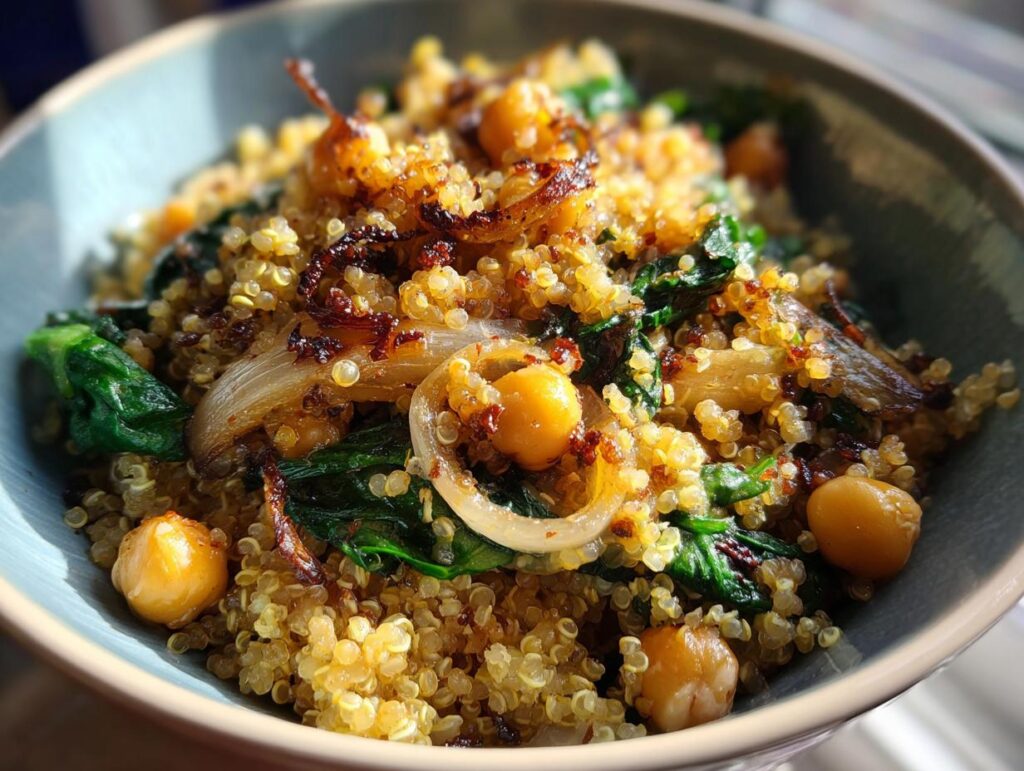 Close-up of a bowl with chickpea quinoa, caramelized onions, and spinach for simple vegan dinner recipes