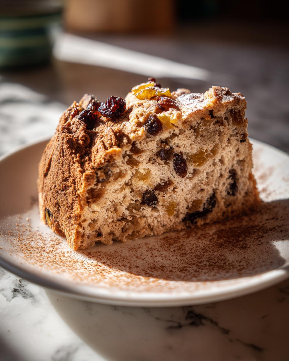 Close-up of a slice of Easter pudding desserts with raisins and powdered sugar on a plate