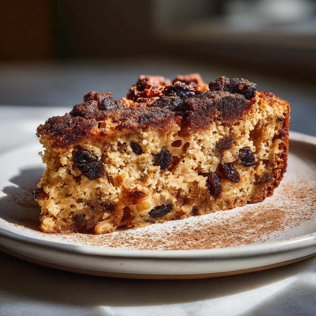 Close-up of a slice of Easter pudding desserts with raisins and a cinnamon dusting on a plate