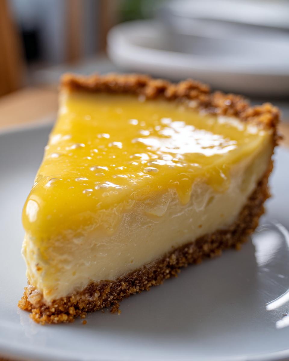 Close-up of a slice of lemon cream pie with a crumb crust on a gray plate, showcasing simple lemon dessert recipes.