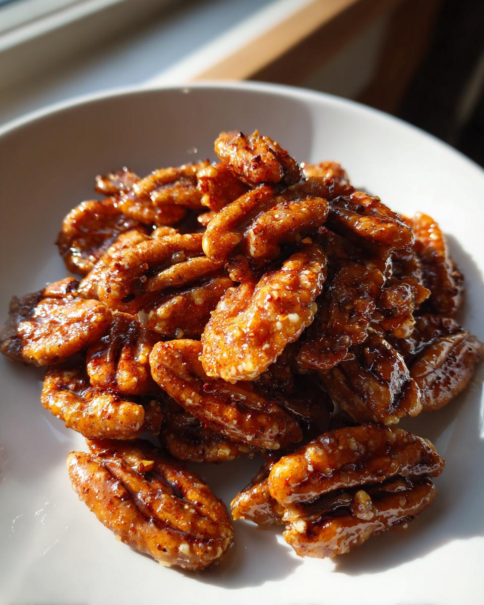 Glazed spicy candied pecans snack in a white bowl with a glossy coating