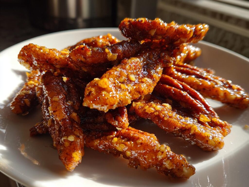 Glazed spicy candied pecans snack on a white plate with visible seasoning and texture.