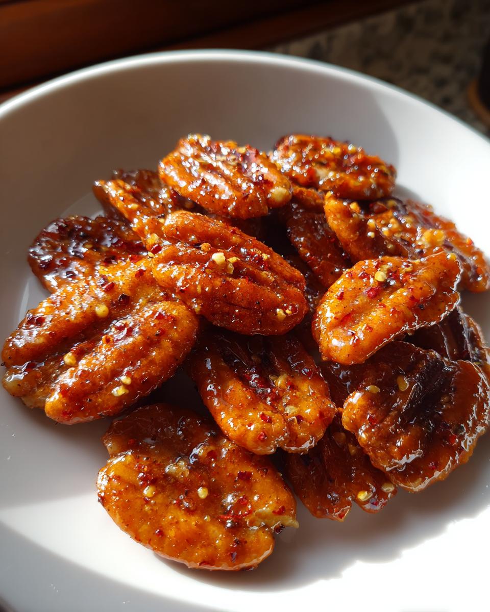 Glazed spicy candied pecans snack with chili flakes in a white bowl close-up