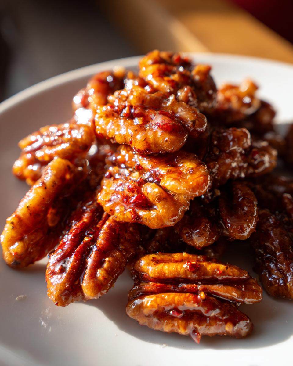 Glazed spicy candied pecans snack piled on a white plate with visible chili flakes.