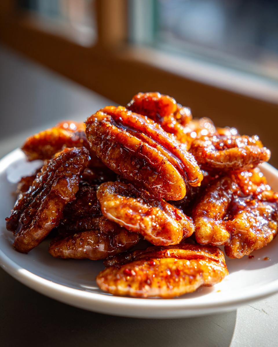 Glazed spicy candied pecans snack piled on a white plate with sunlight highlighting the glossy coating.