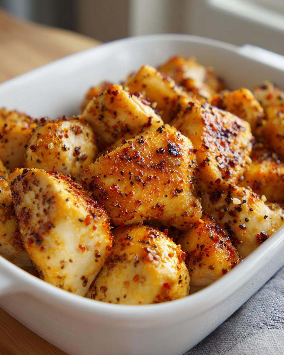 Close-up of spicy seasoned chicken pieces baked in a white dish for easy baked chicken dinners