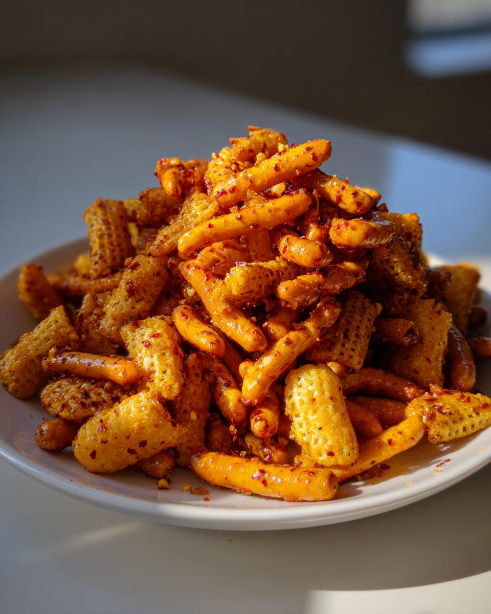 Close-up of a spicy hot honey snack mix with crunchy sticks and cereal pieces on a white plate.